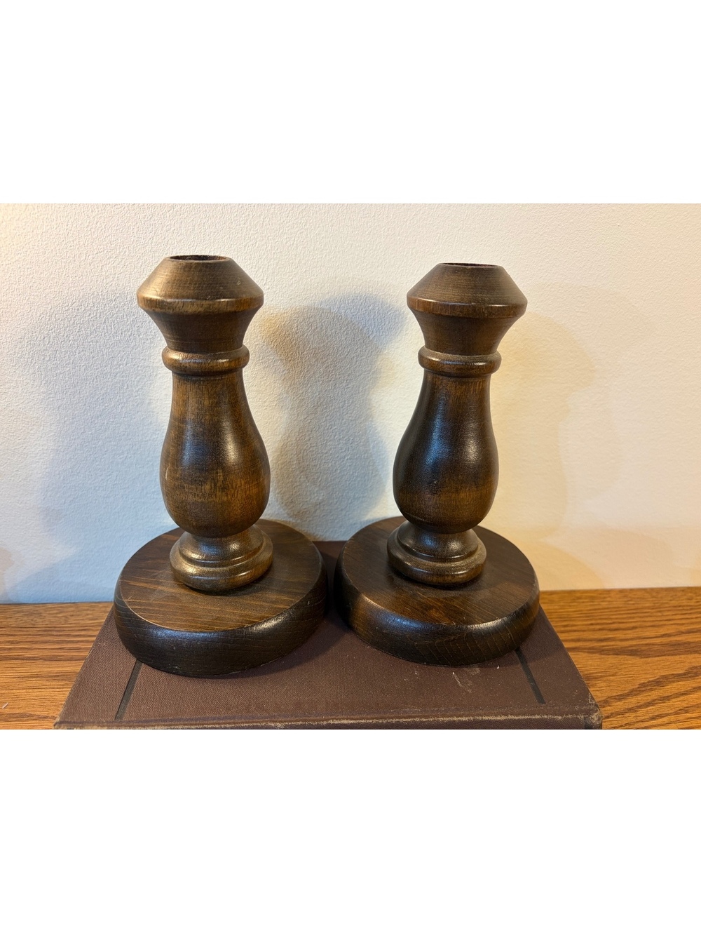 Vintage Wooden Candlestick Holders Pair Turned Solid Wood Candle Sticks 6.5"